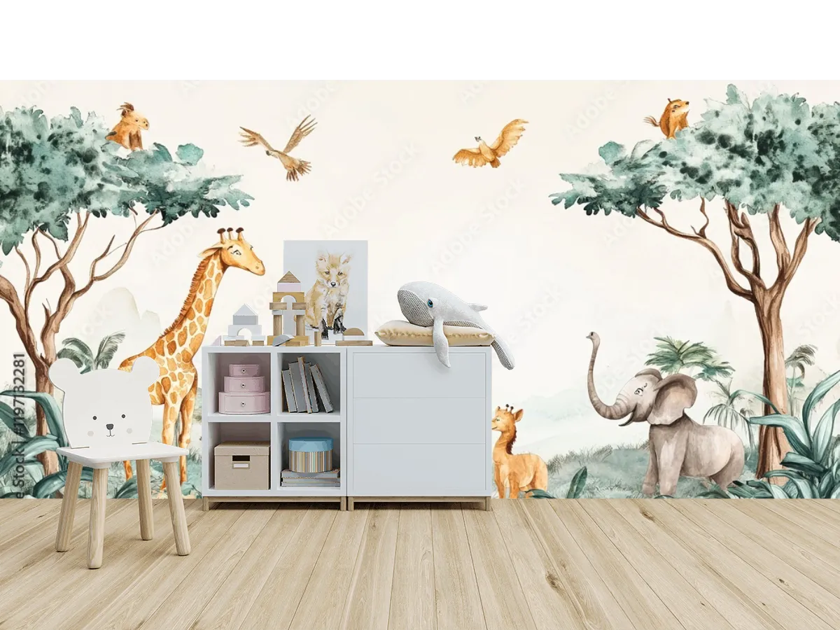 Mural Safari Dulce Aventura para habitaciones infantiles | Papel Tapiz Decorativo