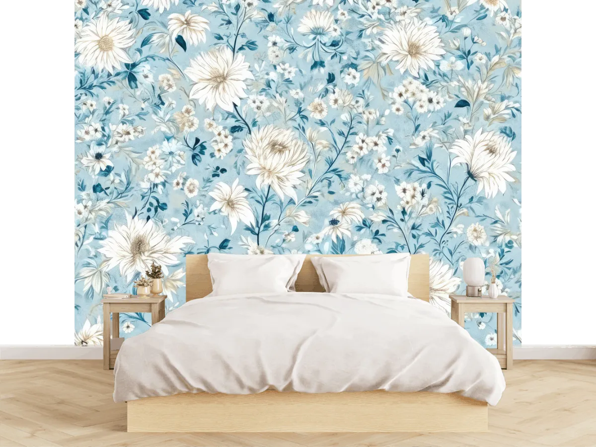 Mural Floral Azul Celeste Modelo Sueño de Primavera en Vinil o Papel Tapiz