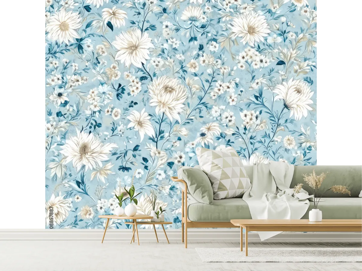 Mural Floral Azul Celeste Modelo Sueño de Primavera en Vinil o Papel Tapiz