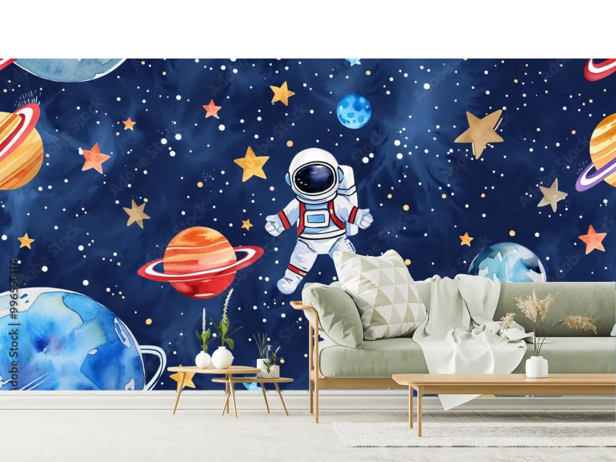 Fotomural Espacial Infantil Modelo Universo Niño - Vinil Arquitectónico o Tapiz Personalizado