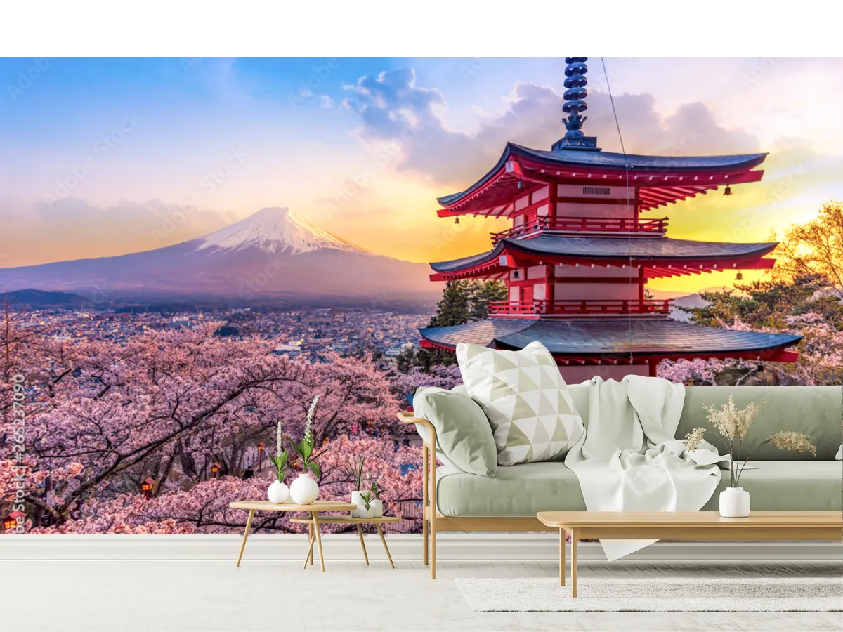 Mural Sakura Fuji Amanecer | Fotomural papel tapiz decorativo Vinil