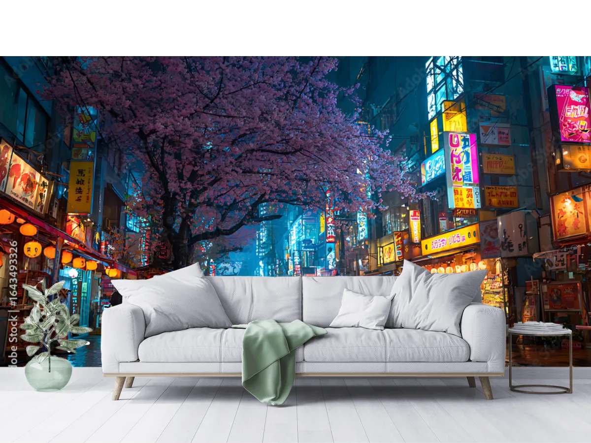 Mural Sakura Nocturno en Tokio para paredes - Vinil Arquitectónico