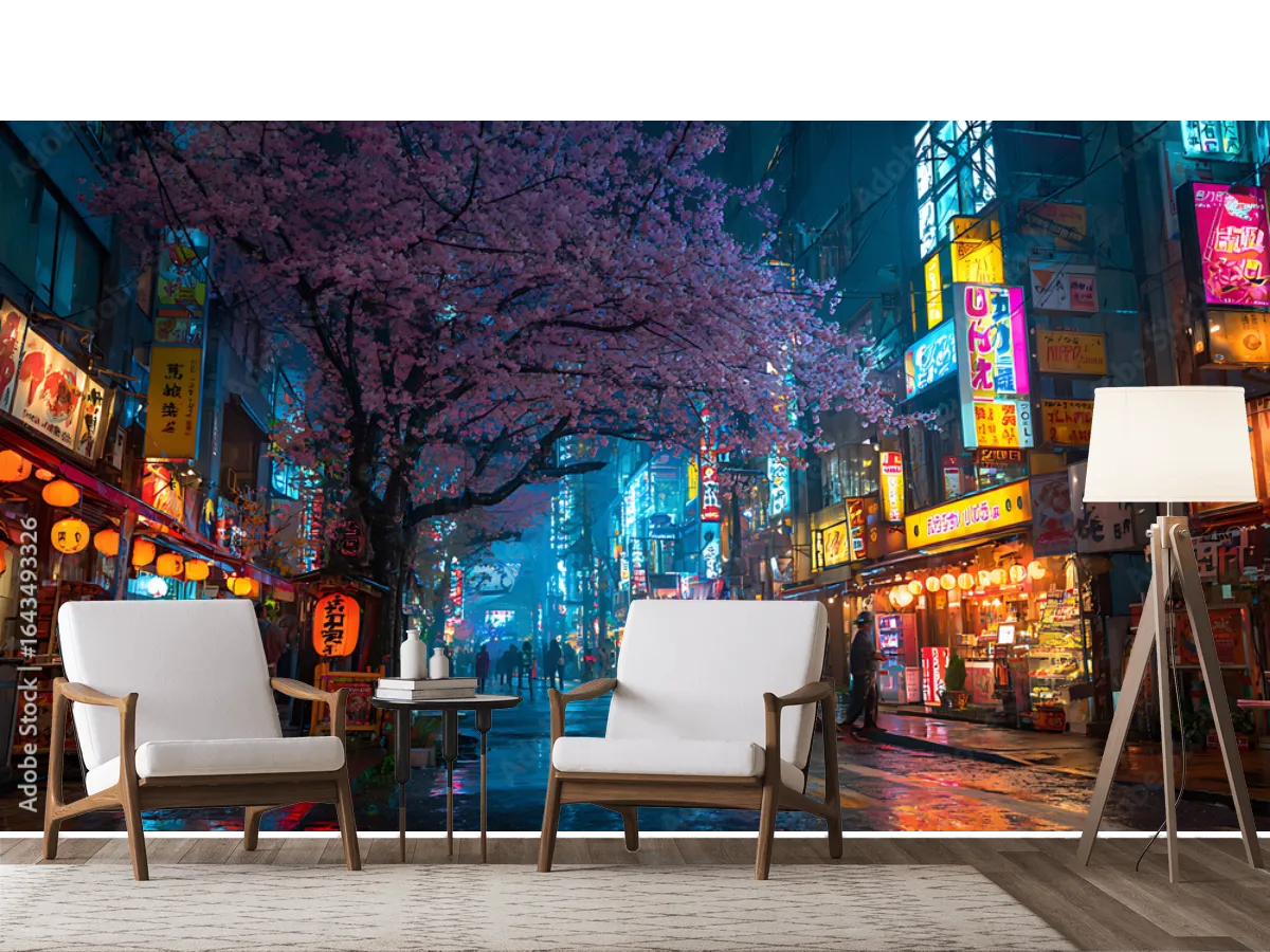 Mural Sakura Nocturno en Tokio para paredes - Vinil Arquitectónico
