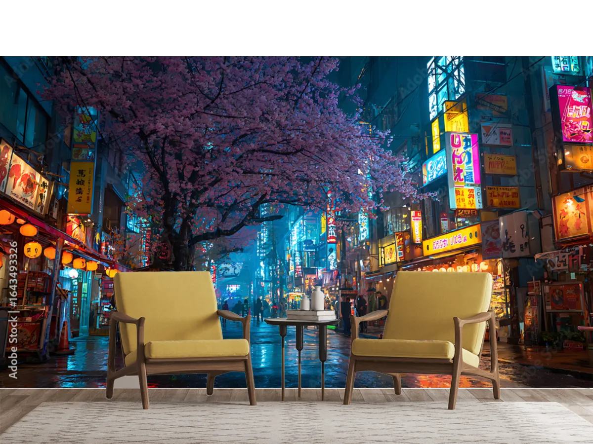 Mural Sakura Nocturno en Tokio para paredes - Vinil Arquitectónico