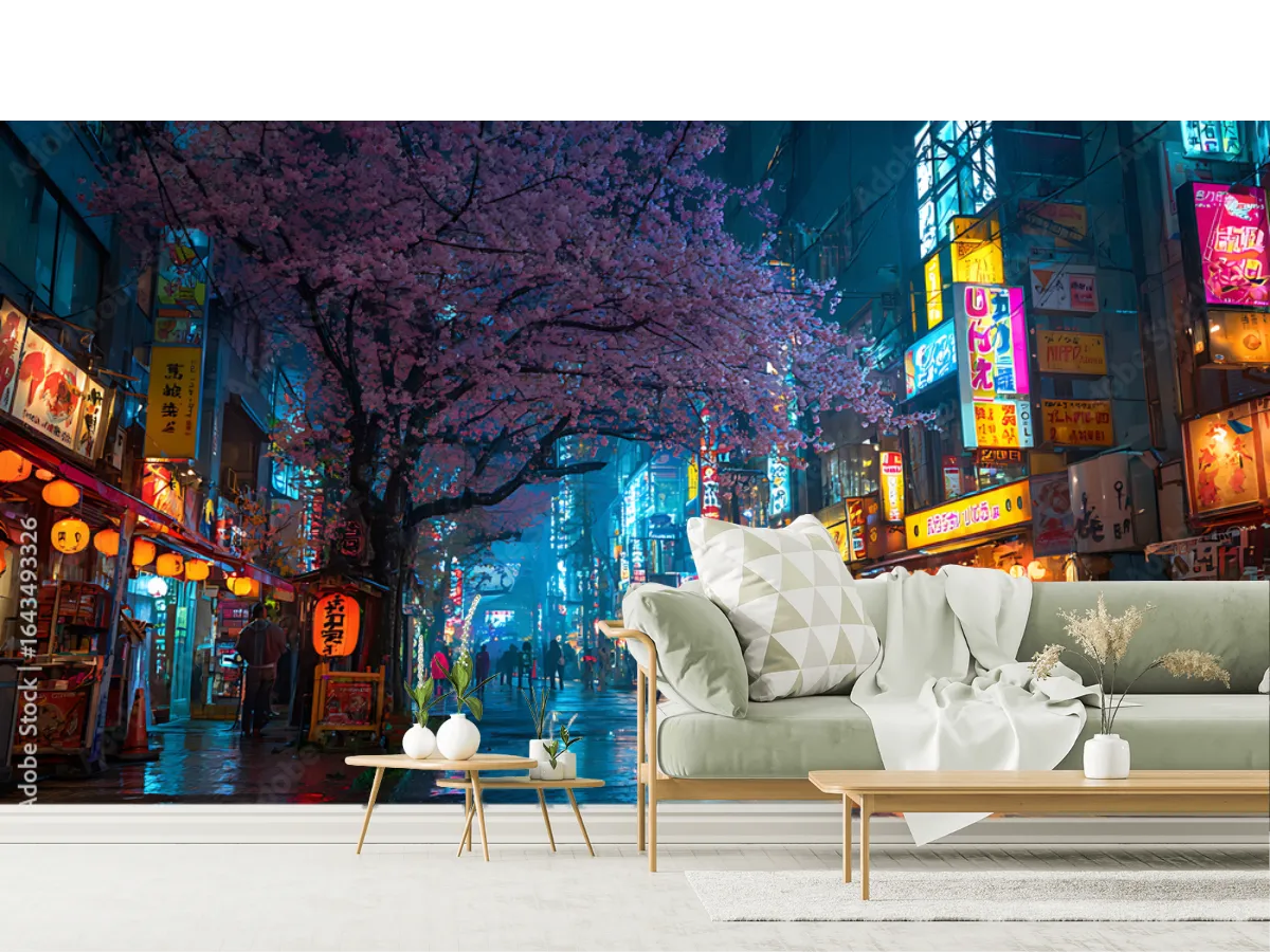 Mural Sakura Nocturno en Tokio para paredes - Vinil Arquitectónico