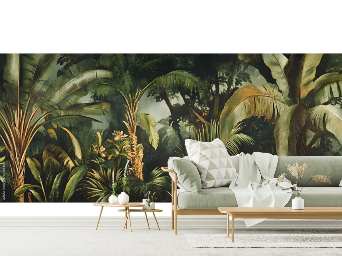 Mural Selva Tropical Exuberante para decoración de paredes, vinil arquitectónico y papel tapiz