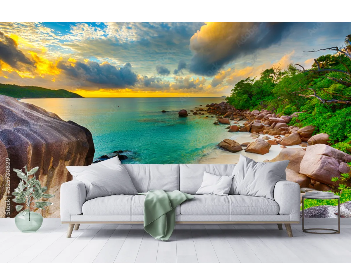 Mural Paraíso Esmeralda Amanecer – Fotomural panorámico de playa para decoración de sala o recámara