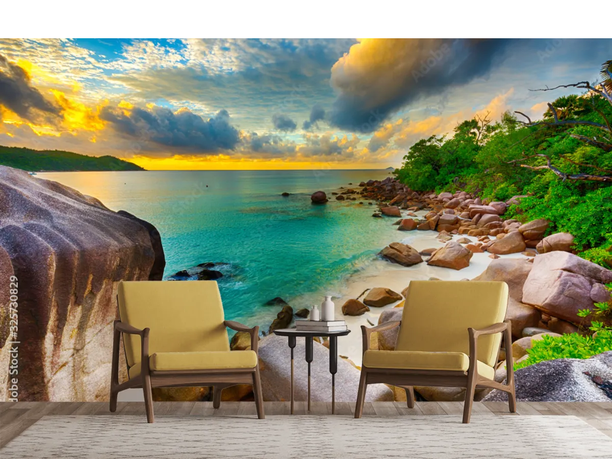 Mural Paraíso Esmeralda Amanecer – Fotomural panorámico de playa para decoración de sala o recámara