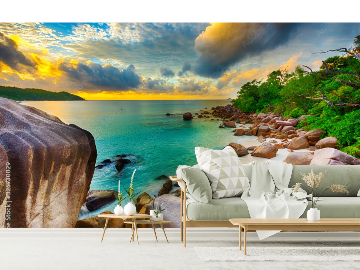 Mural Paraíso Esmeralda Amanecer – Fotomural panorámico de playa para decoración de sala o recámara