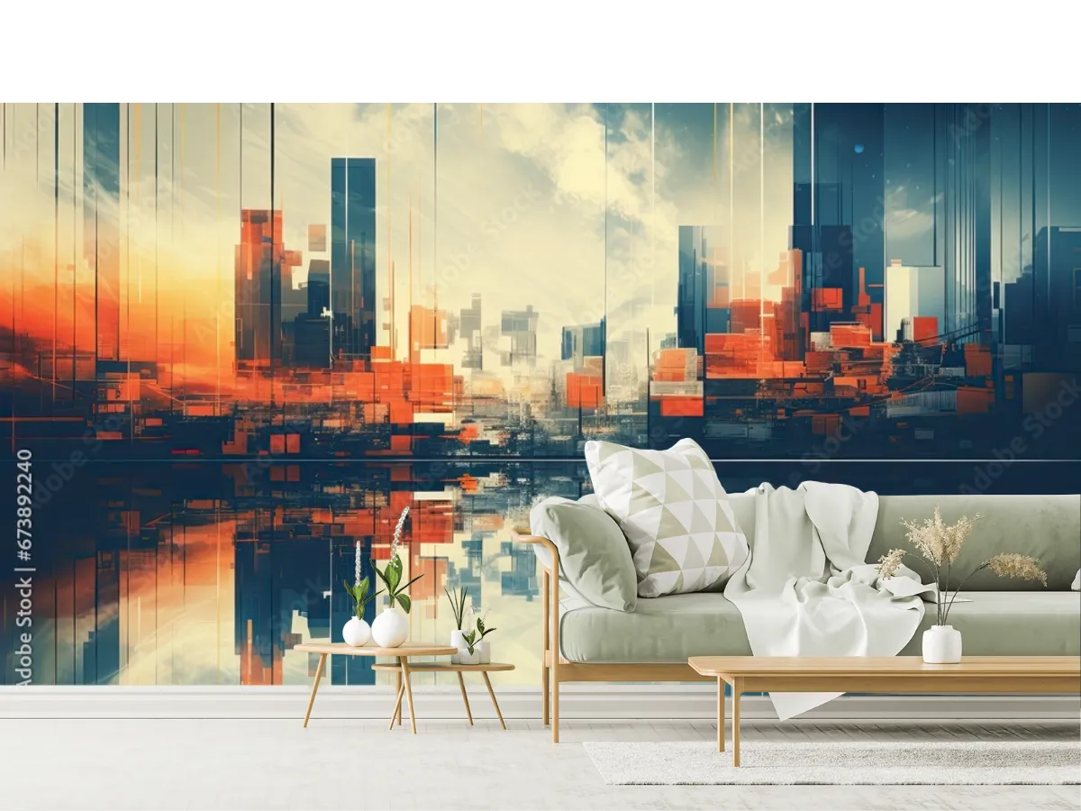 Mural Horizonte Urbano Abstracto para decoración de sala o recámara
