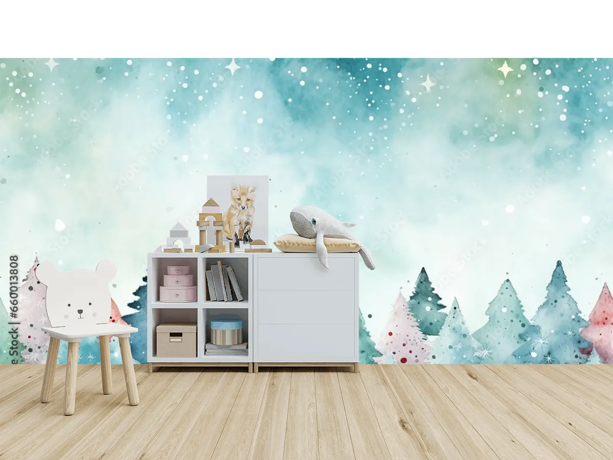 Mural Bosque Nevado Acuarela para Decoración de Sala y Recámara - Vinil Arquitectónico, Papel Tapiz
