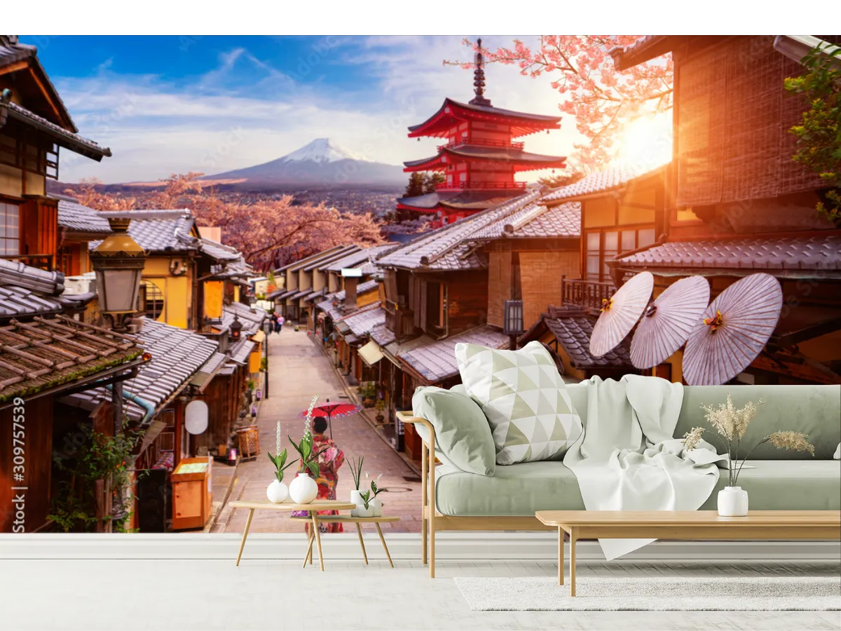 Mural Sakura Kyoto Atardecer Vinil Arquitectónico o Papel Tapiz Decorativo