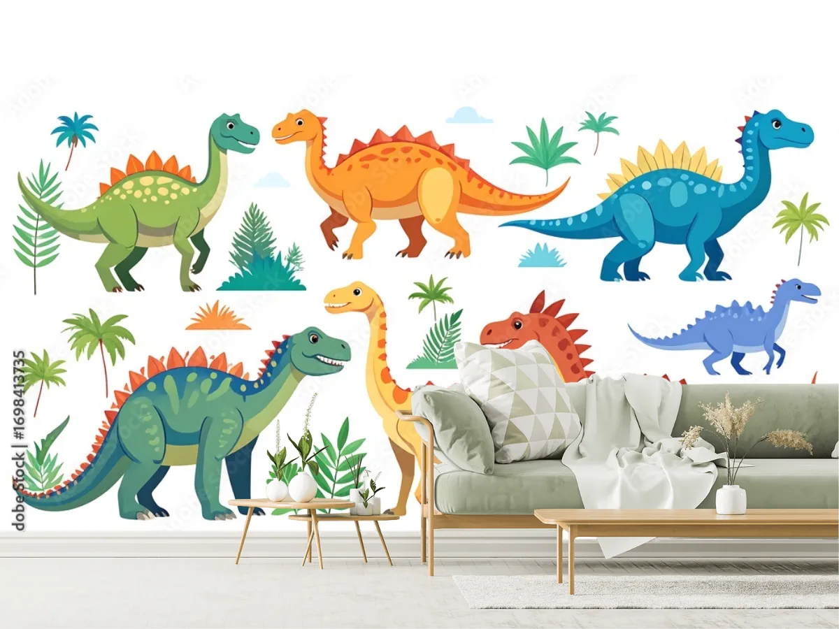 Fotomural Infantil Dinosaurios Coloridos para Niños, Vinil Arquitectónico, Papel Tapiz
