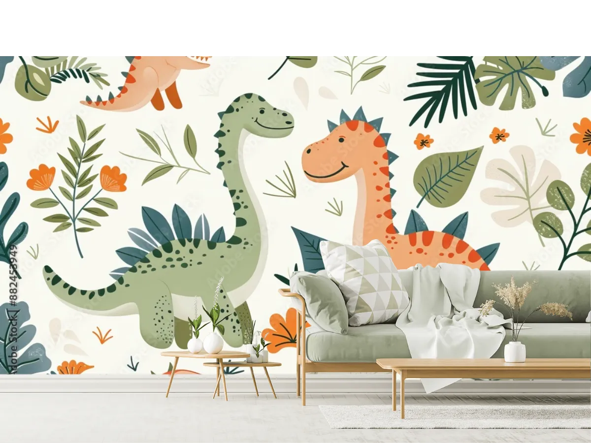 Fotomural Infantil Dino Aventura Verde-Naranja personalizado | Vinil y Papel Tapiz