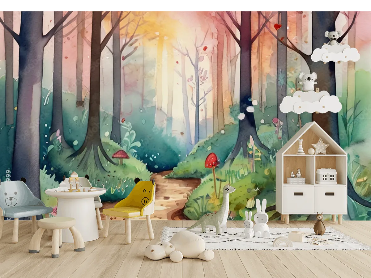 Mural Bosque Encantado Acuarela para Pared en Vinil o Tapiz