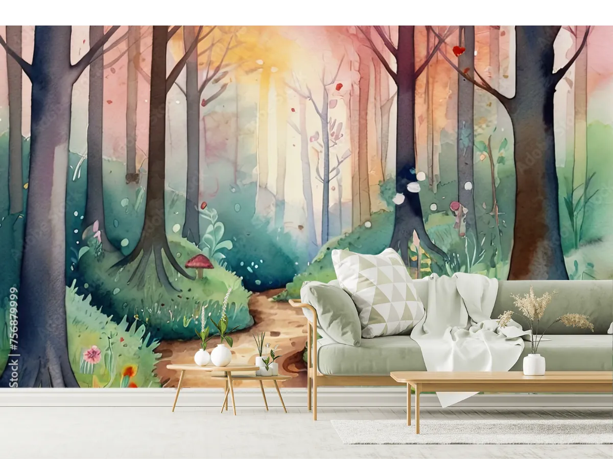 Mural Bosque Encantado Acuarela para Pared en Vinil o Tapiz