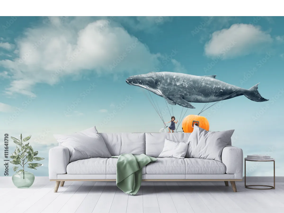 Mural Encanto de Ballena Voladora, fotomural para sala en vinil o tapiz