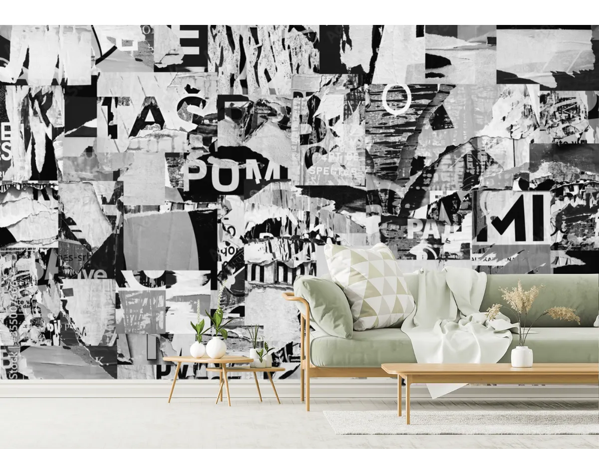 Mural Abstracto Urbano Caos en Blanco y Negro para Decoración de Pared