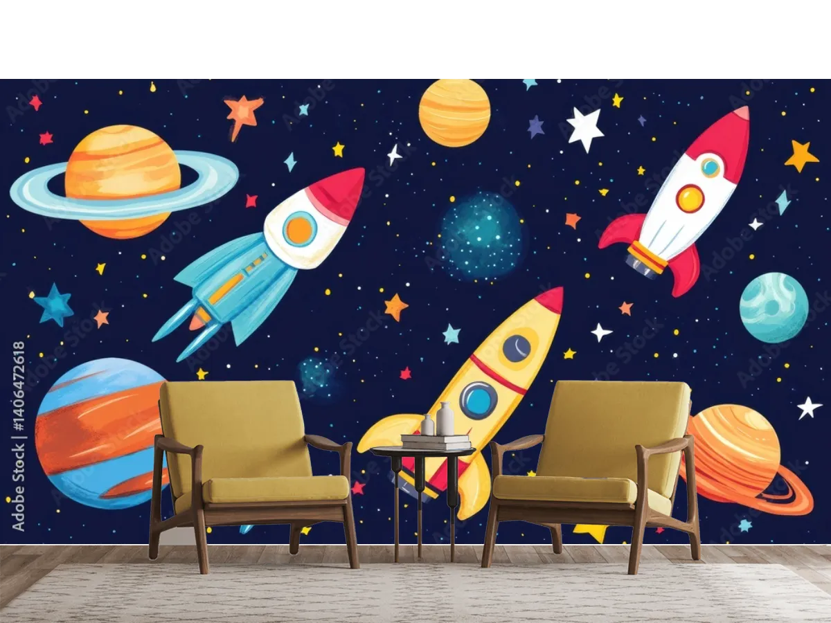 Mural Espacial Cohetes y Planetas para Niños - Papel Tapiz Decorativo en Vinil