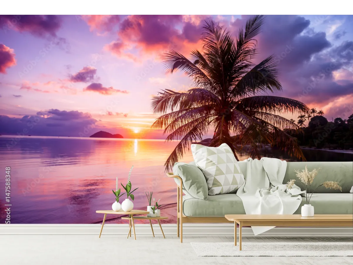 Mural Atardecer Paraíso Tropical Decorativo - Vinil Arquitectónico y Tapiz
