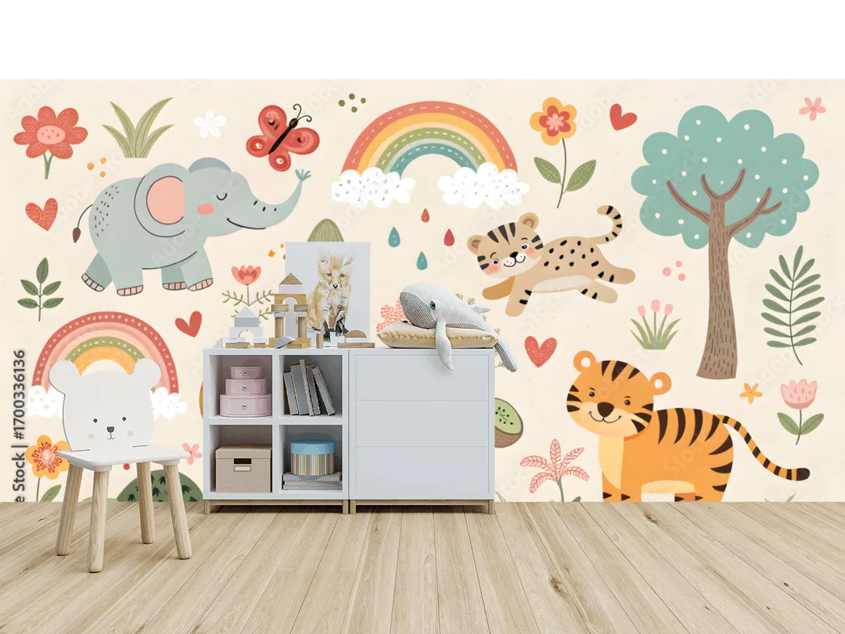 Mural Infantil Safari Arcoíris – Decoración de Pared para Cuarto de Niños