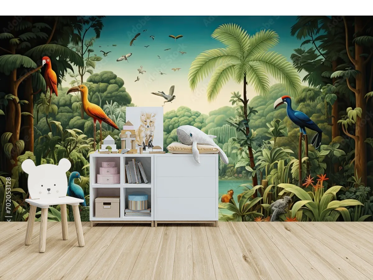 Mural Oasis Tropical con Aves Exóticas | Fotomural Decorativo para Sala