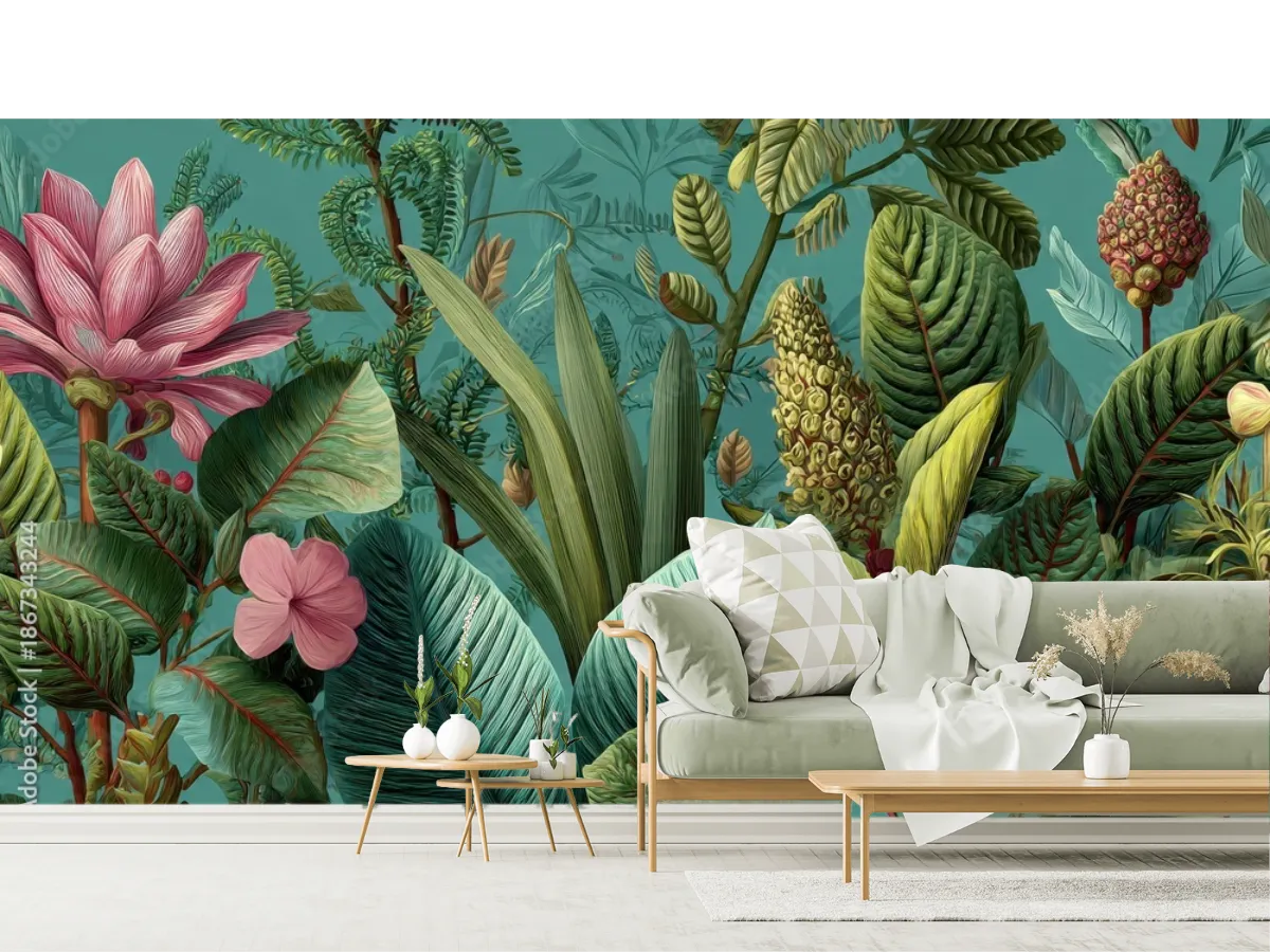 Mural Botánico Exuberante Selva Tropical para Pared | Vinil Arquitectónico y Papel Tapiz