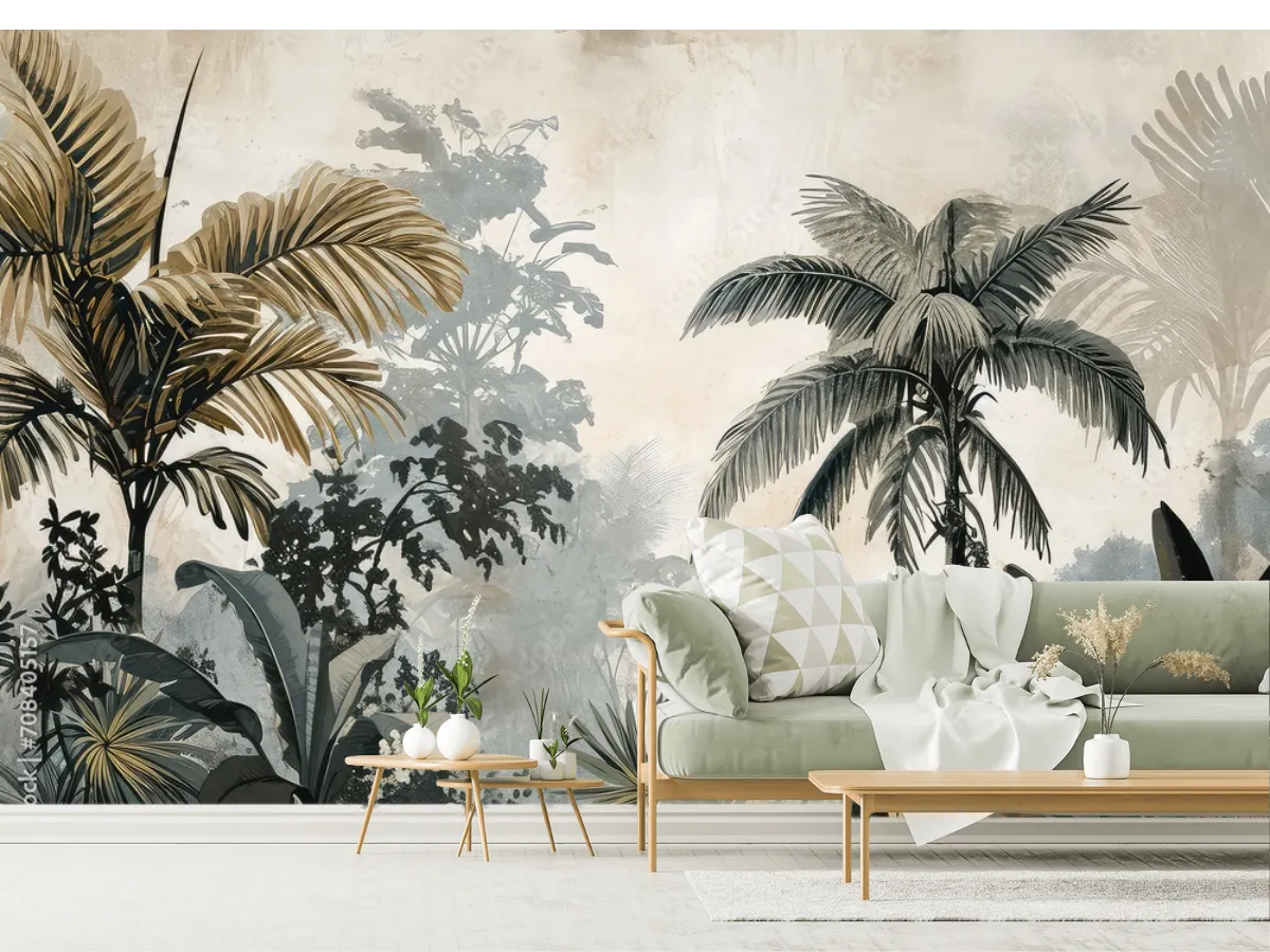 Watercolor pattern wallpaper. Painting of a jungle landscape.