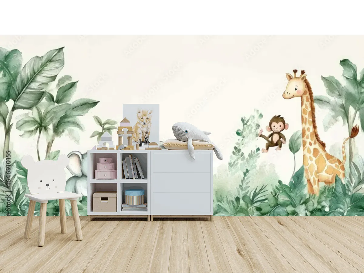 Mural Safari Infantil Animales en la Selva para Decoración de Cuarto