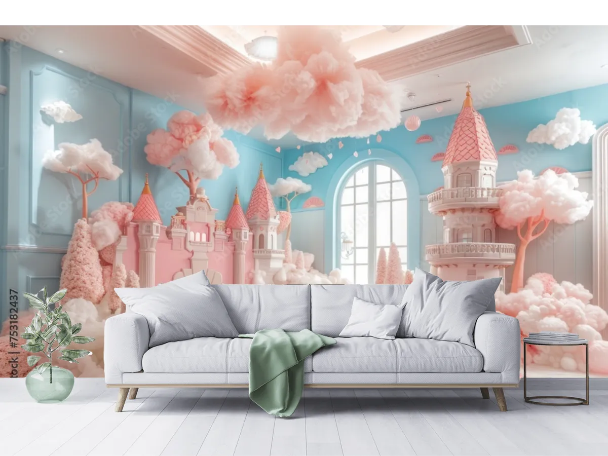 Mural Castillo de Nubes Rosa | Fotomural Infantil Vinil y Papel Tapiz