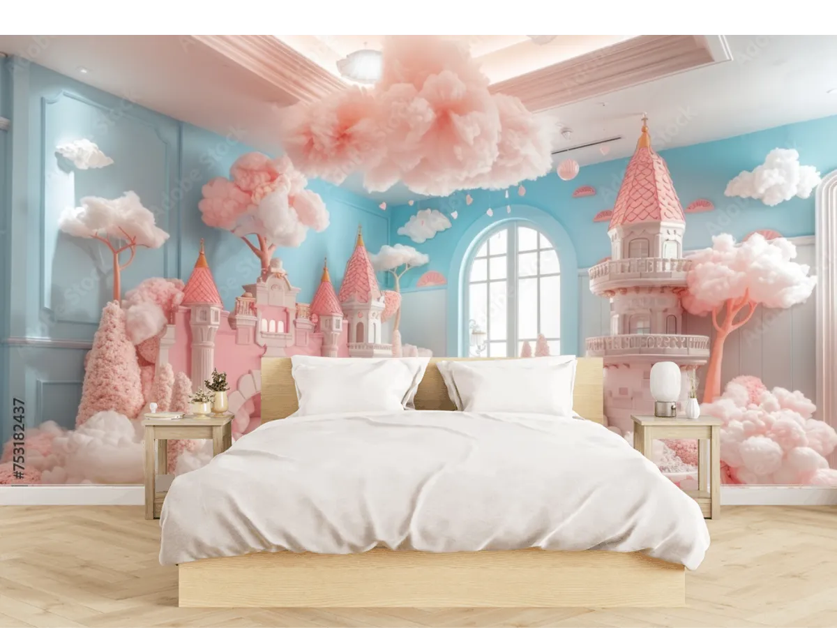 Mural Castillo de Nubes Rosa | Fotomural Infantil Vinil y Papel Tapiz