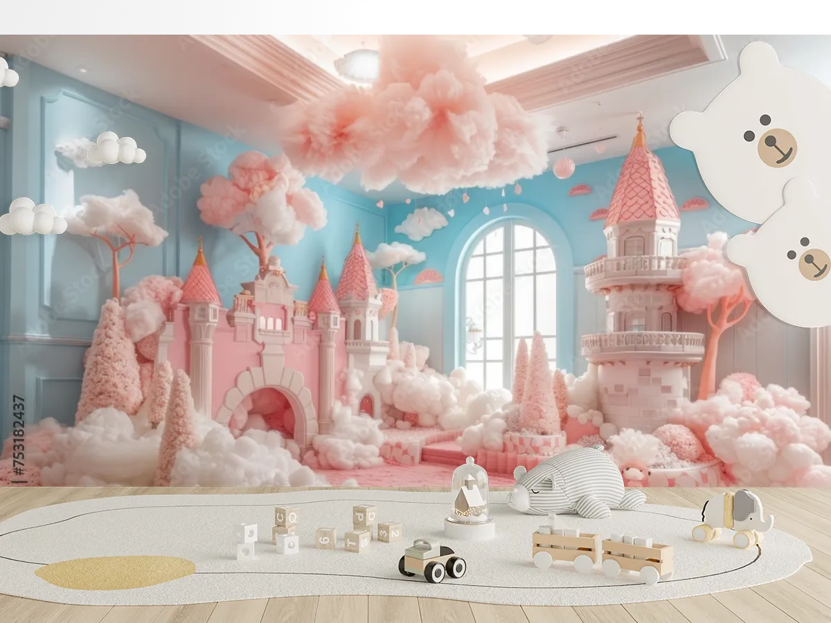 Mural Castillo de Nubes Rosa | Fotomural Infantil Vinil y Papel Tapiz