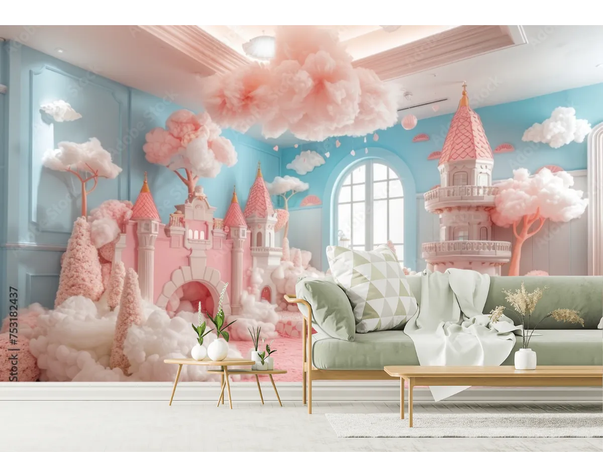 Mural Castillo de Nubes Rosa | Fotomural Infantil Vinil y Papel Tapiz
