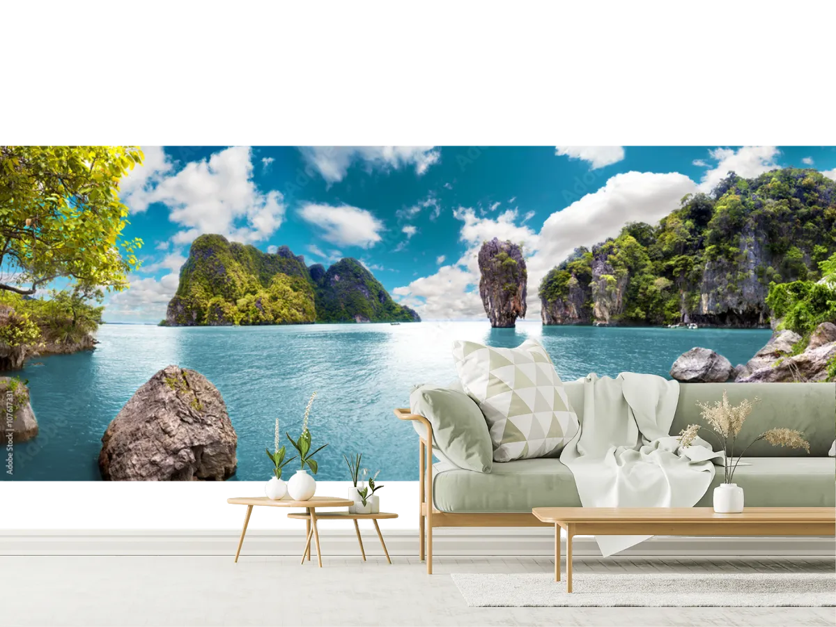 Mural Bahía Esmeralda Paradisíaca en Vinil o Tapiz Decorativo