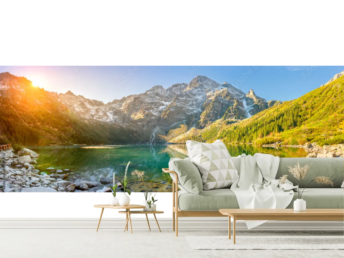 Mural Amanecer Espejo de Montaña para decoración de sala o recámara - Vinil Arquitectónico y Papel Tapiz