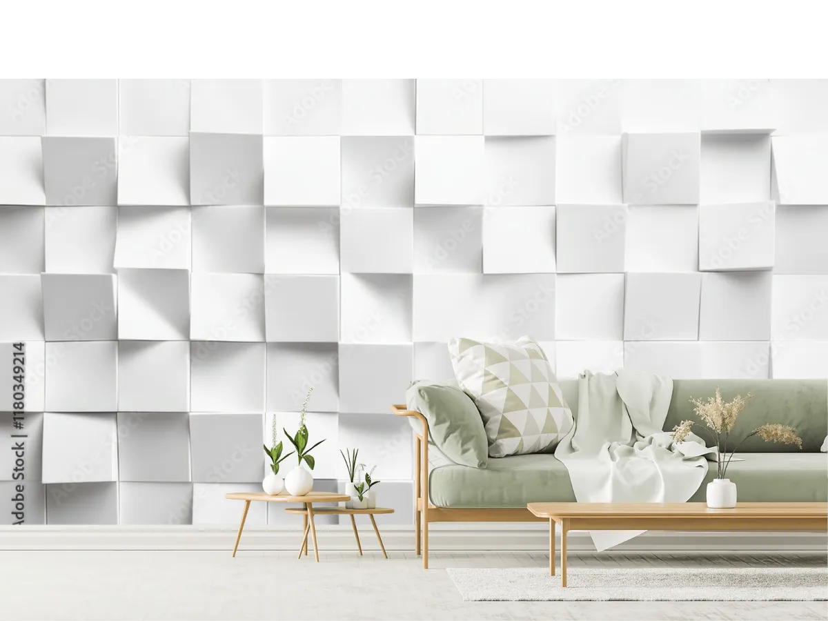 Mural Geométrico Cubos Blancos 3D para Decoración de Pared en Vinil y Papel Tapiz
