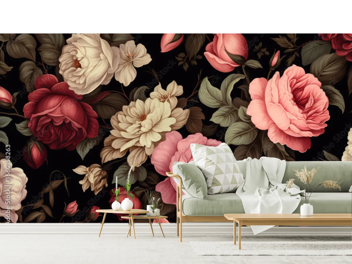 Mural Floral Nocturno Romántico para decoración de sala - Vinil Arquitectónico o Tapiz