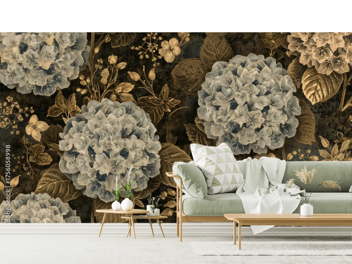 Elegant repeating design featuring classic hydrangea blossoms, foliage, and glowing fireflies. High-end 3D artwork. Deluxe wallpaper. Opulent style with bronze tones on a deep backdrop. Suitable for