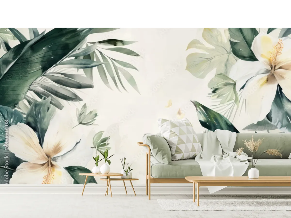 Mural Tropical Hibiscus para Sala o Recámara - Vinil, Alta Definición