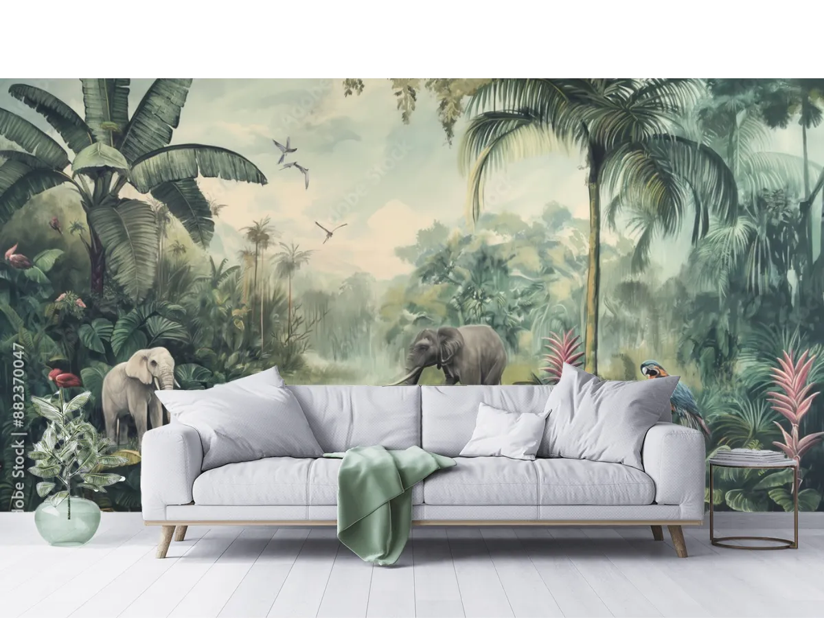 Mural Elefantes en la Jungla Exuberante – Fotomural Decorativo para Sala en Vinil o Papel Tapiz