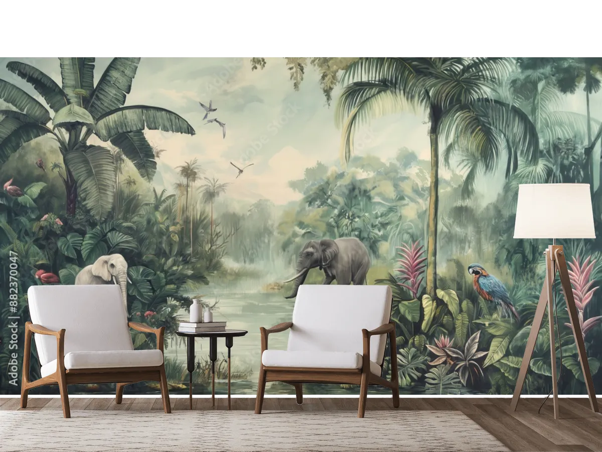 Mural Elefantes en la Jungla Exuberante – Fotomural Decorativo para Sala en Vinil o Papel Tapiz