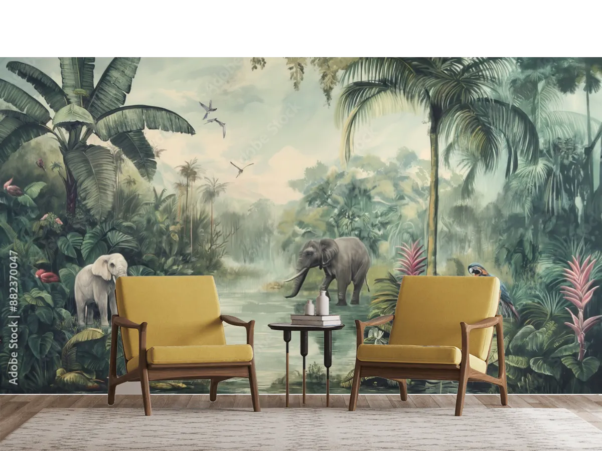 Mural Elefantes en la Jungla Exuberante – Fotomural Decorativo para Sala en Vinil o Papel Tapiz