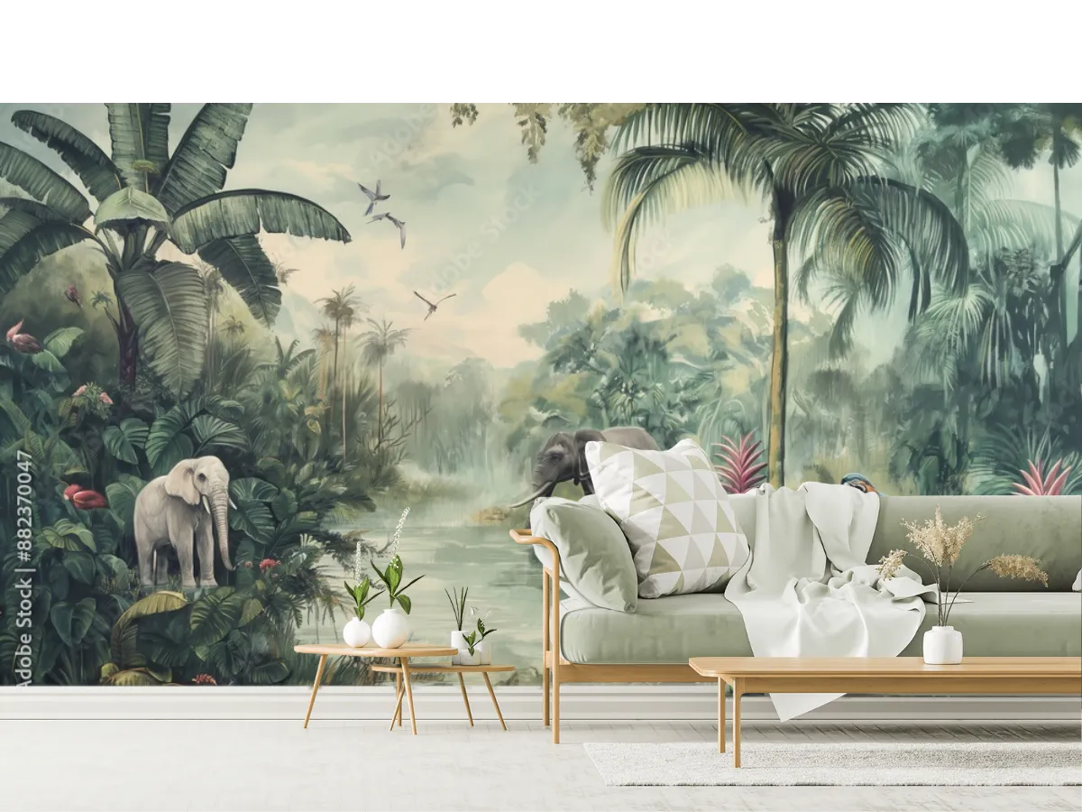 Mural Elefantes en la Jungla Exuberante – Fotomural Decorativo para Sala en Vinil o Papel Tapiz