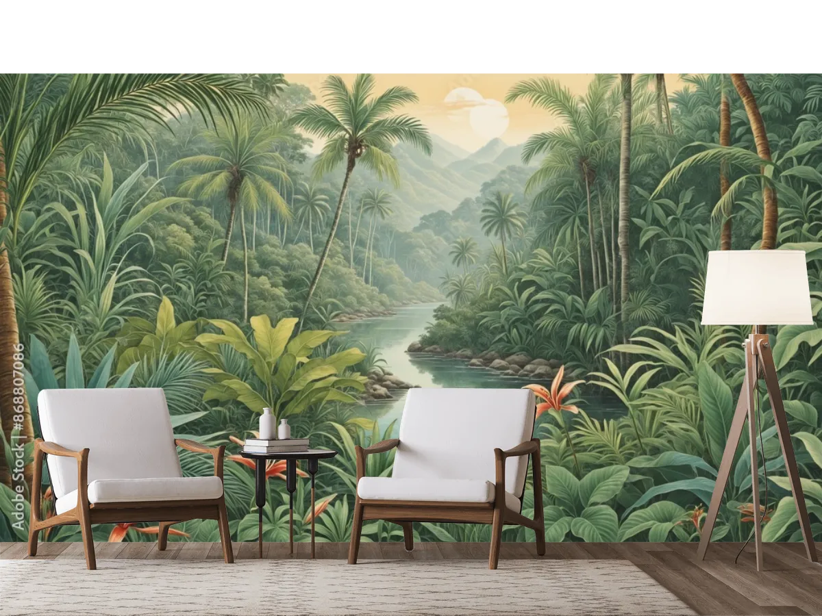 Mural Amazonas Encantado para Decoración de Sala – Vinil Arquitectónico y Papel Tapiz