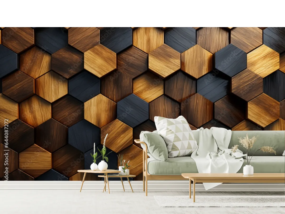 Mural Hexágonos Ébano y Nogal Moderno para Decoración Interior