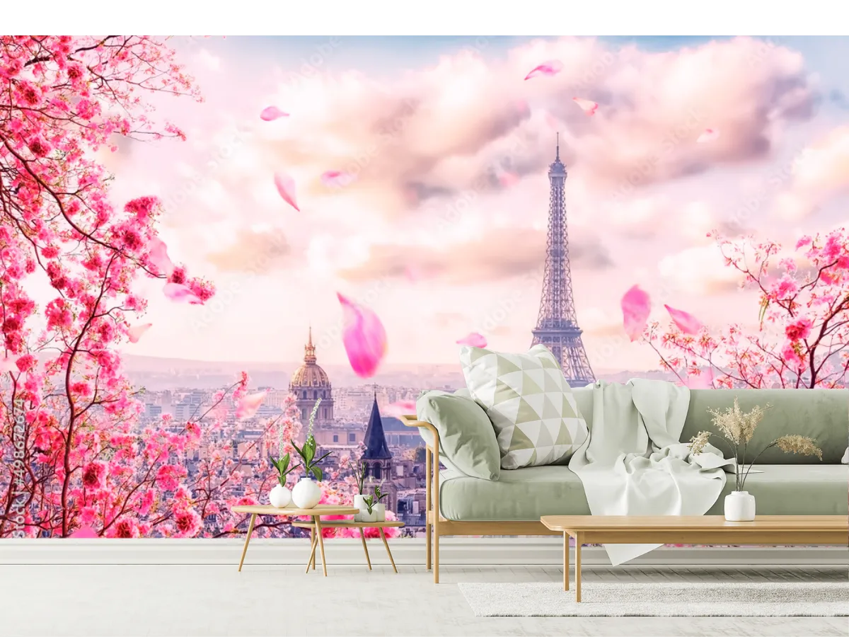 Mural Paris Sakura en Vinil Arquitectónico o Papel Tapiz | Fotomural Decorativo de Pared