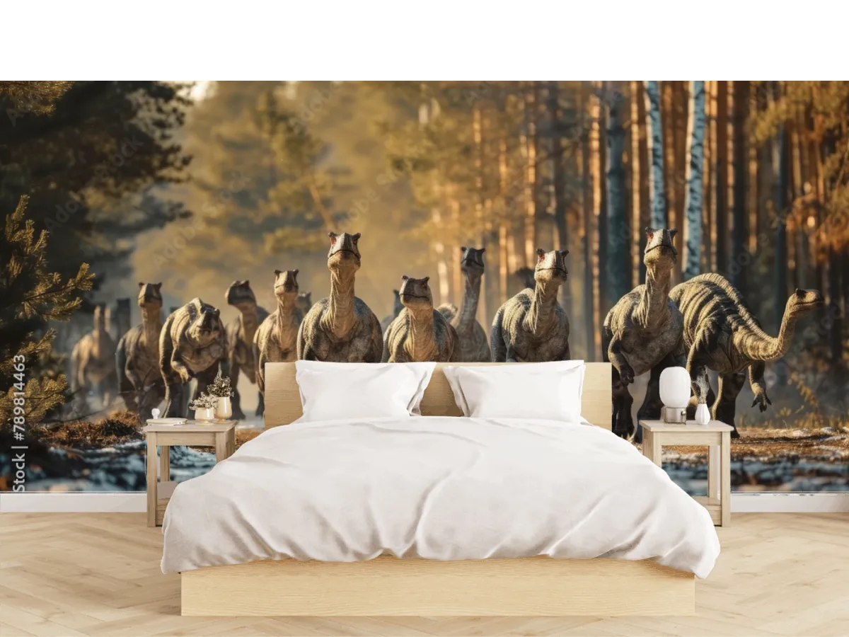 Mural Dino Expedición en el Bosque para Sala o Recámara - Vinil o Papel Tapiz Decorativo