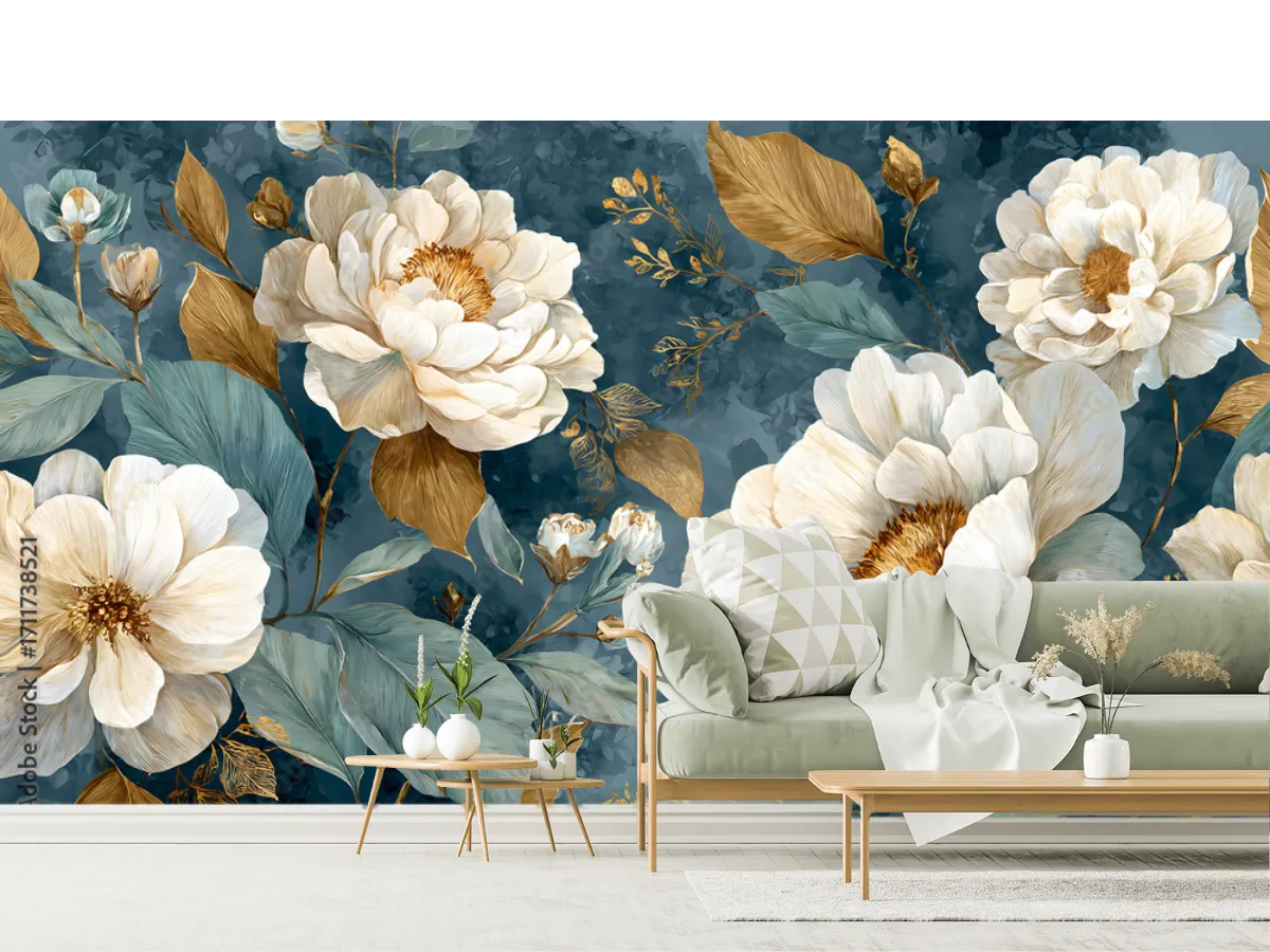 Mural Magnolias Dauradas para Sala en Vinil Arquitectónico o Tapiz