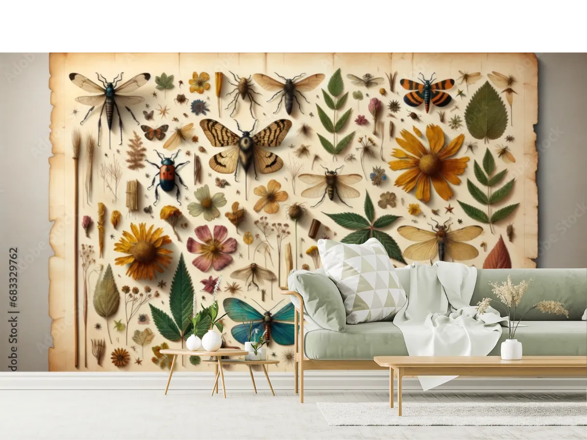 Mural Botánico y Entomológico Vintage en Vinil Arquitectónico