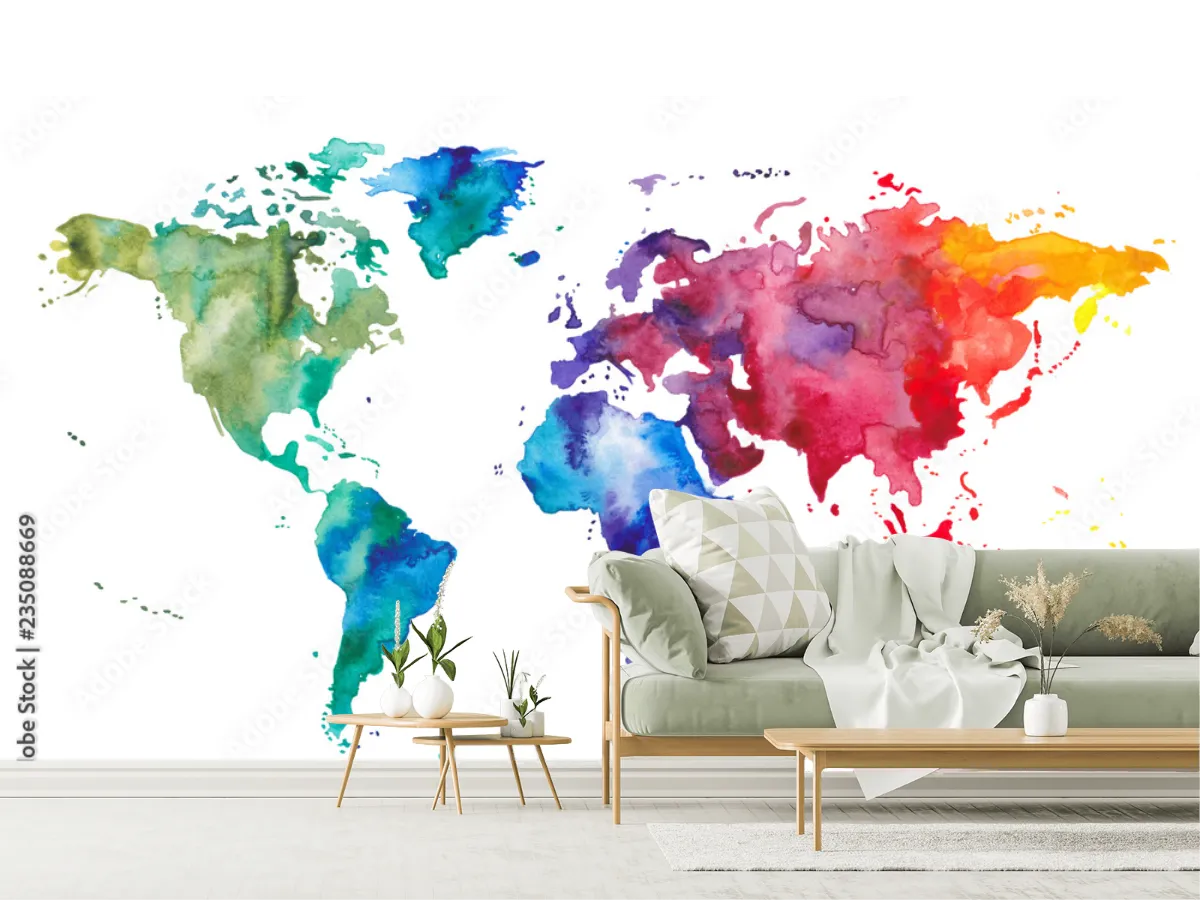 Papel Tapiz Mapa del Mundo Acuarela Multicolor para Decoración Moderna